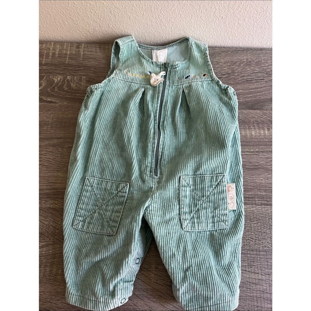 Vintage Baby Sage Green Corduroy Romper Teddy Bear Overalls One Piece